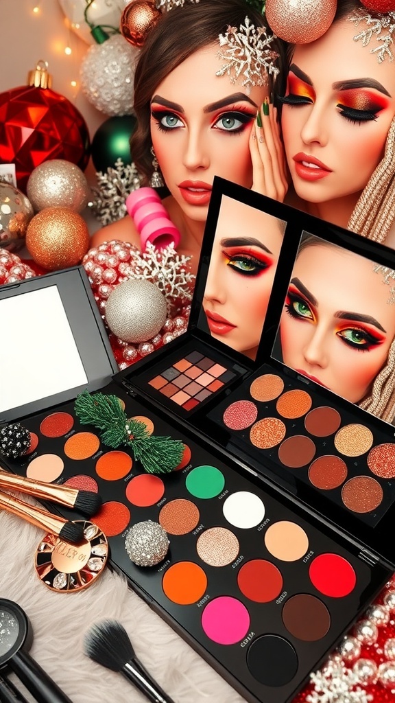 A colorful array of Christmas makeup products including red and green eyeshadows, glitter, and festive decorations.